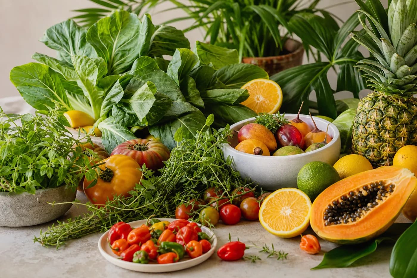 Editorial illustration of fresh produce and herbs for provisioning