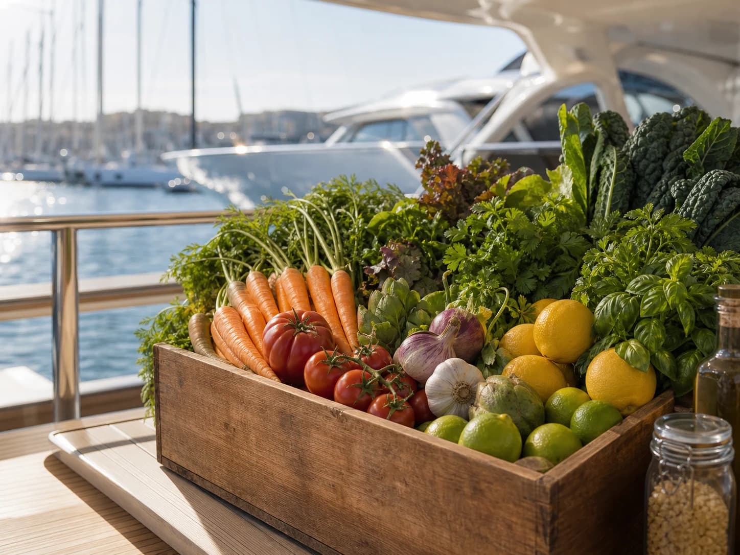 Editorial illustration of a wooden crate of fresh vegetables beside a marina